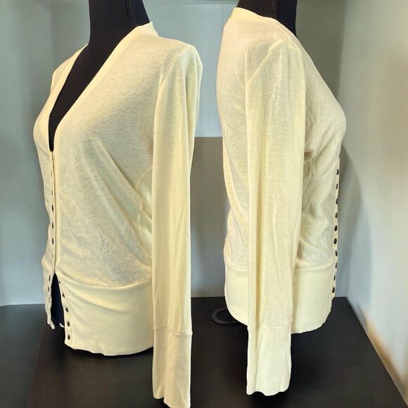 COLOR STORY V Neck Cardigan Sweat Yellow Snap Front Long Sleeve TOP Women’s L - Picture 2 of 8